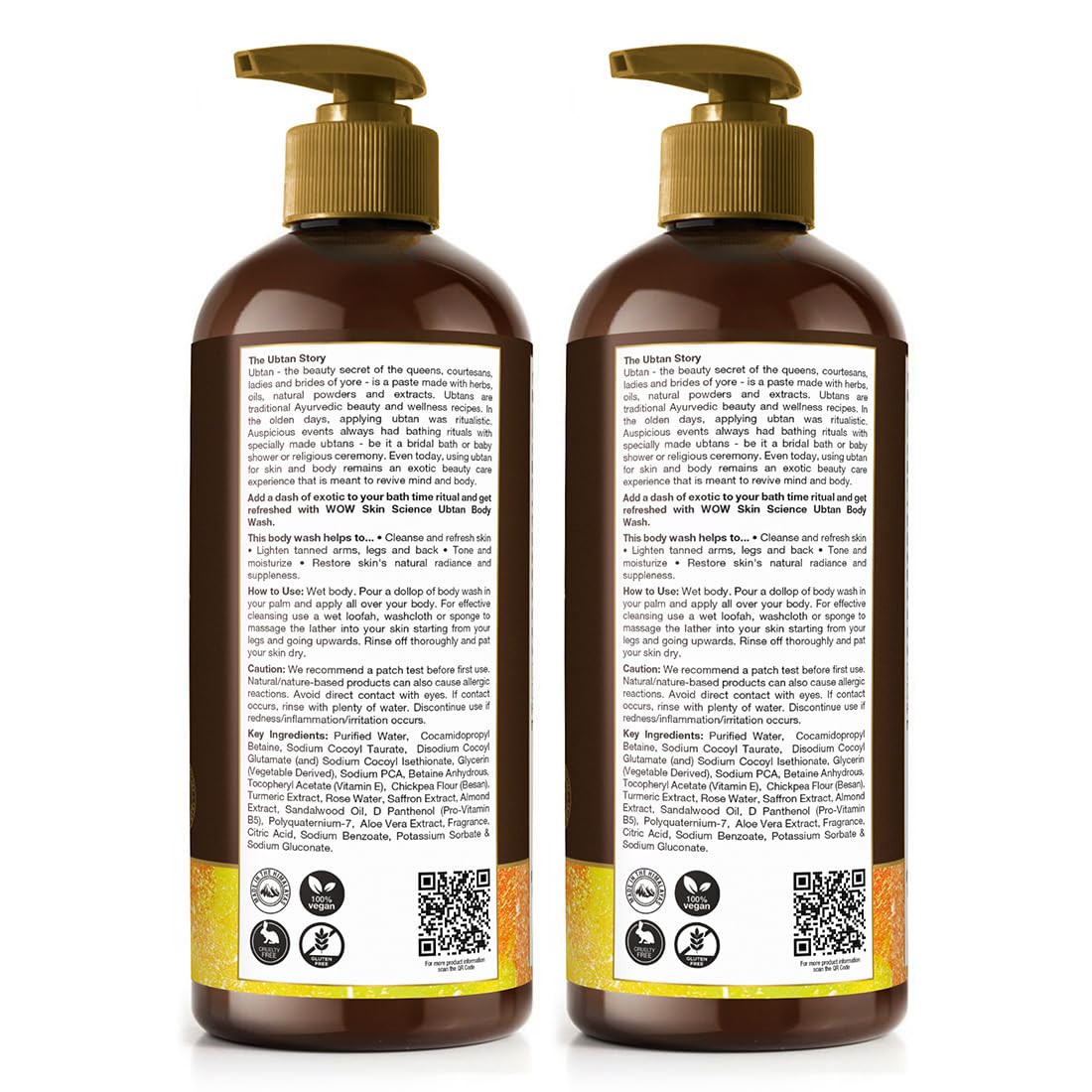 WOW Skin Science Ubtan Body Wash | Tan Removal And Glowing Skin | With Chickpea Flour, Almond, Safron & Turmeric Extract | 500 Ml | Pack of 2