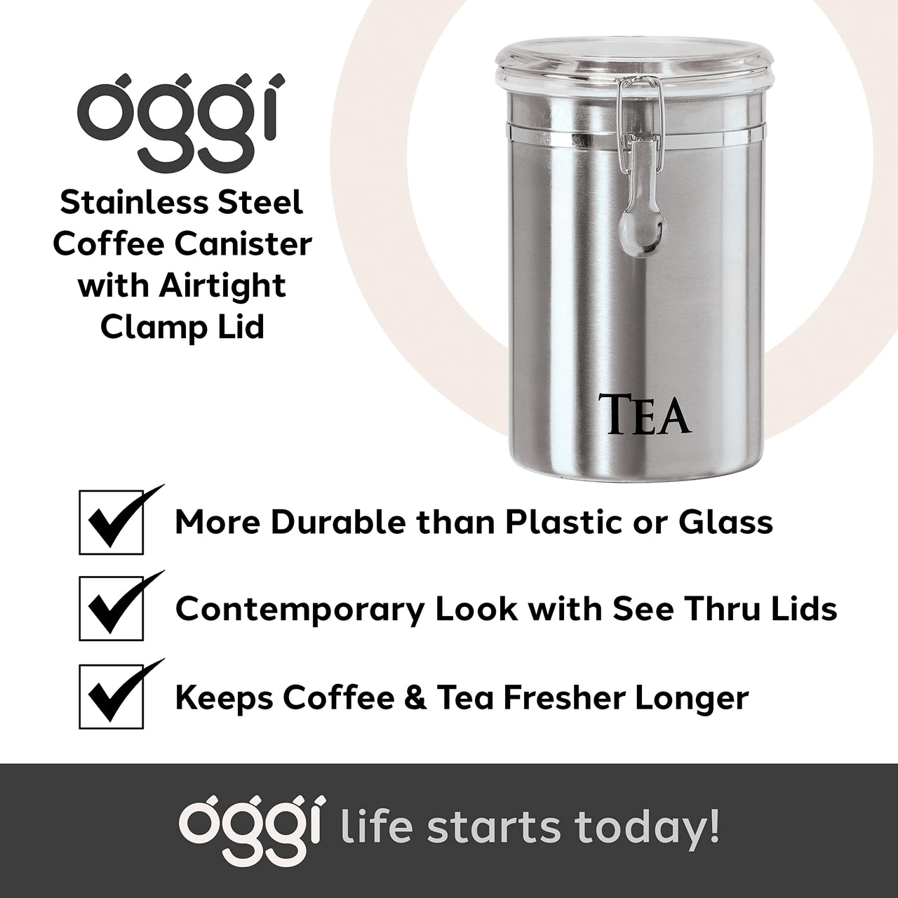 Oggi Stainless Steel Tea Canister 62 fl oz - Airtight Clamp Lid, Clear See-Thru Top - Ideal for Tea Bag Storage, Loose Tea Storage, Kitchen Storage, Pantry Storage. Large Size 5" x 7.5".