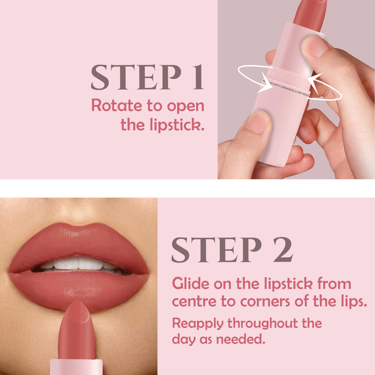 Glamveda Creamy Matte Long Lasting Lipstick with Ceramides & Peptides, Lightweight, 12 Hour Wear, Smudgeproof & Transferproof - Peaches 302