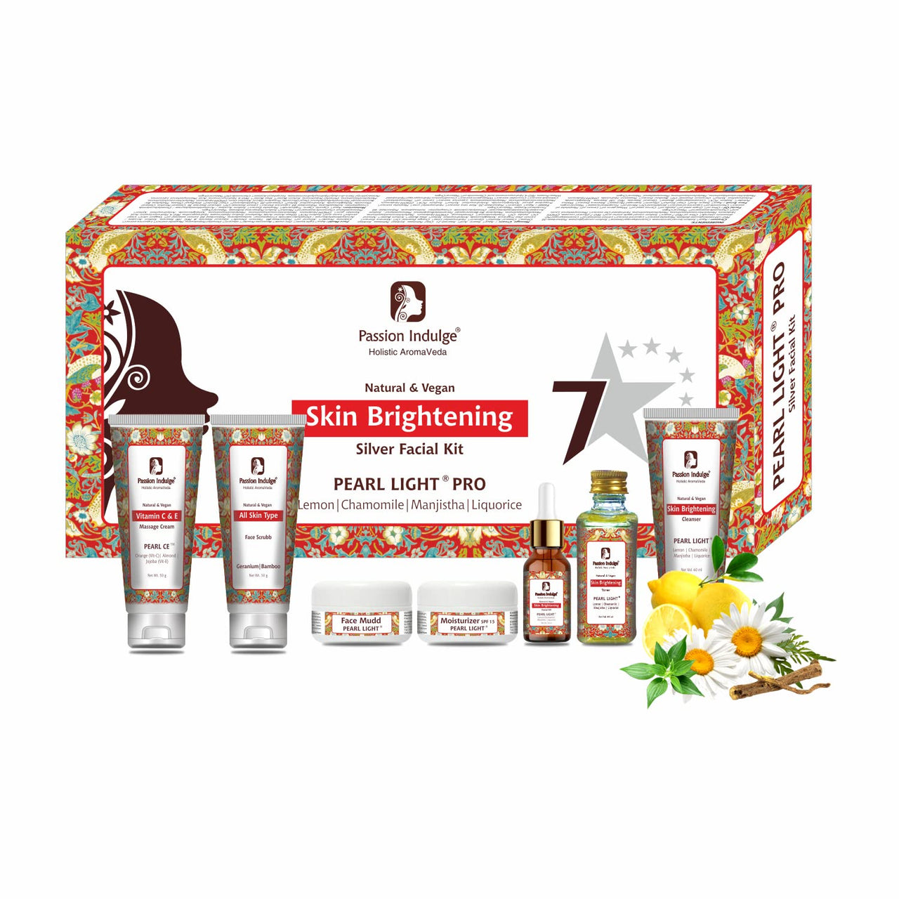 Passion Indulge Pearl Light 7 Star Pro Silver Facial Kit For Skin Brightening & Shine With Lemon, Chamomile, Manjistha, Liquorice | All Skin Types | Natural & Vegan | professional Kit| skin lightening| spot reduction | 7 Steps