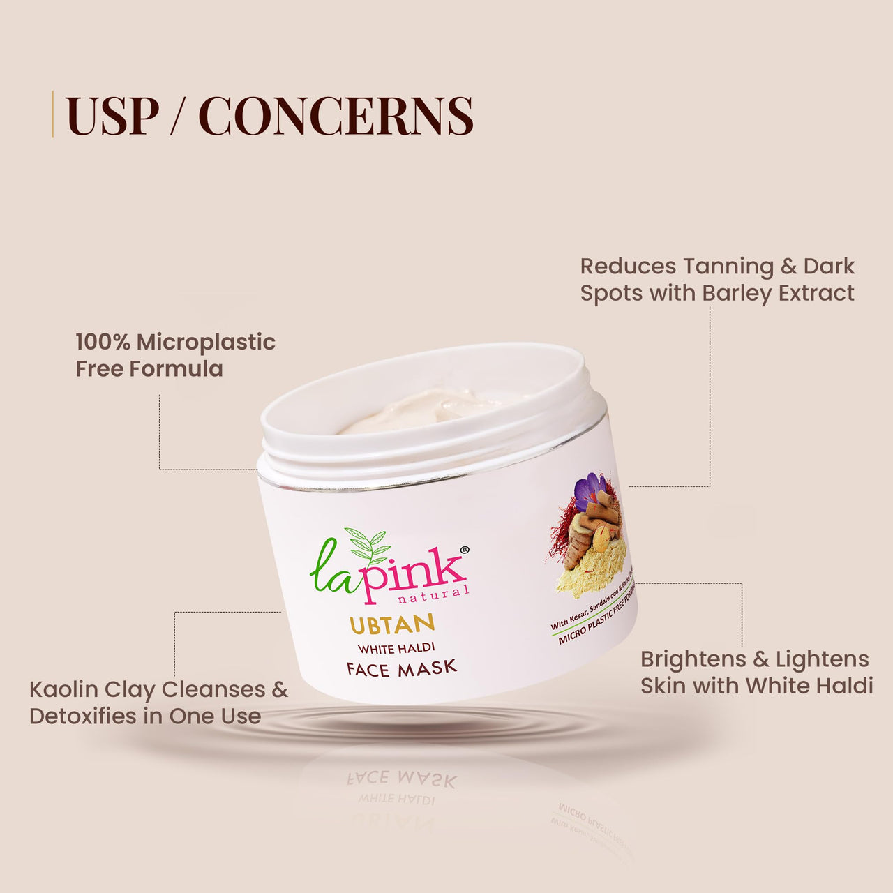 La Pink Ubtan Face Mask with White Haldi & Kesar | Reduces Blemish, Pigmentation, Dark Spot & Tan Removal | 100% Microplastic Free Formula | All Skin Types | 100g