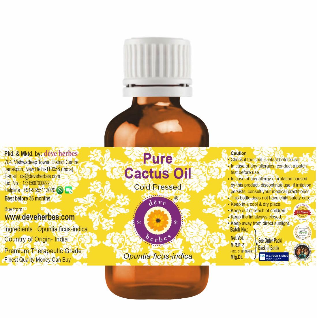 Deve Herbes Pure Cactus Oil (Opuntia ficus-indica) | Cold Pressed | Natural | Undiluted | For Diluting Essential Oils | For Hair, Skin & Massage | Men & Women | 10ml