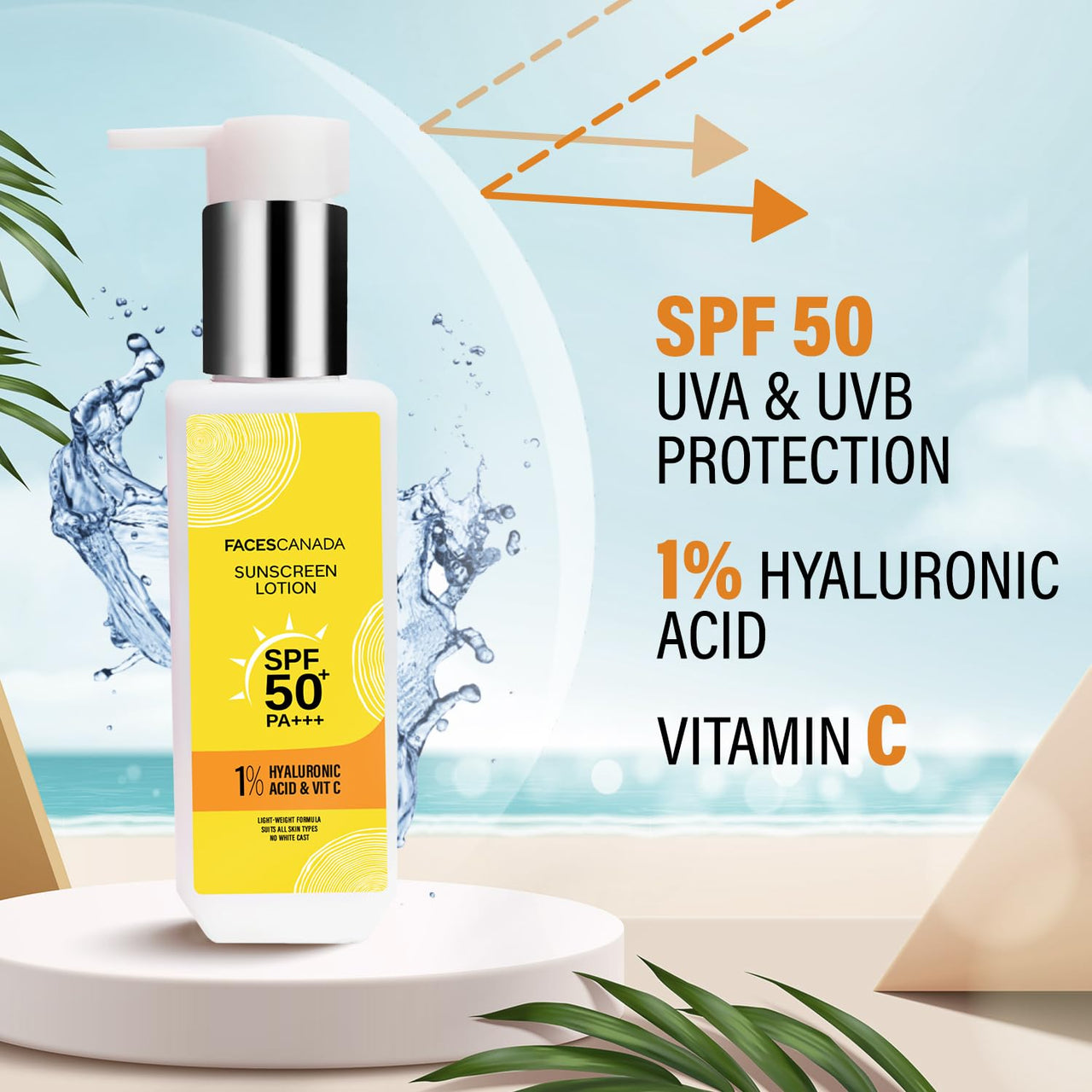 FACES CANADA Sunscreen Lotion, 100ml | SPF 50 PA+++ | Protects From UVA & UVB Rays | 1% Hyaluronic Acid & Vitamin C | Lightweight | No White Cast | Natural Radiant Glow| No Alcohol | No Parabens