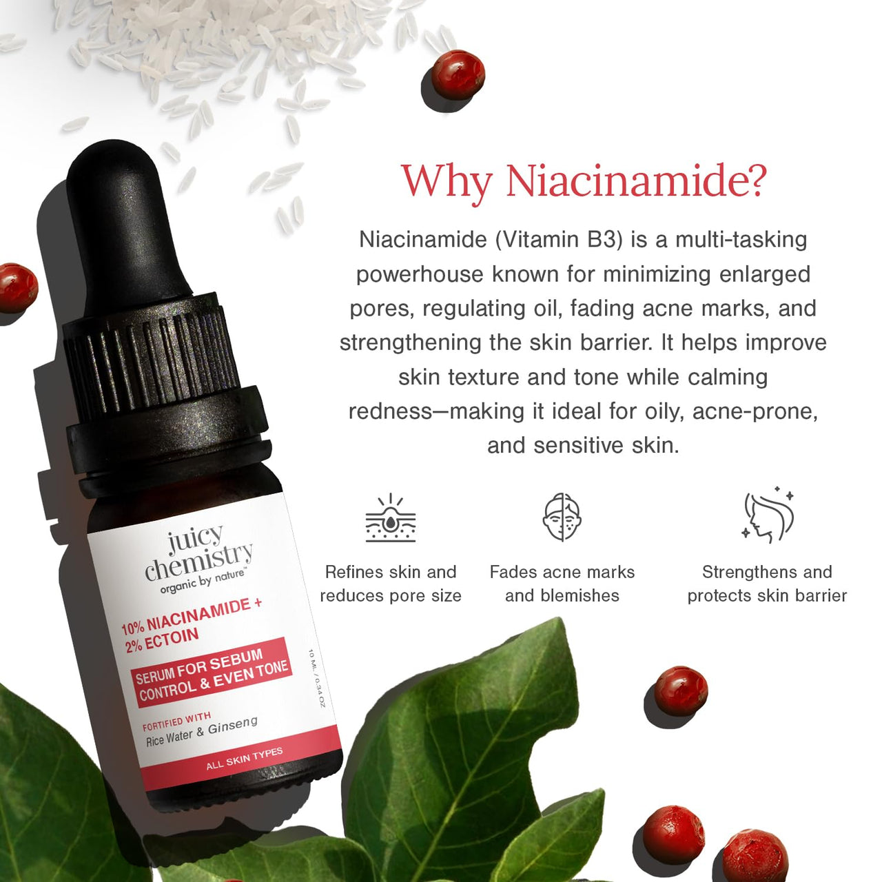 Juicy Chemistry 10% Niacinamide + 2% Ectoin Face Serum, 10 ml | Oil Control, Pore Refining & Skin Barrier Support | Lightweight & Fragrance-Free