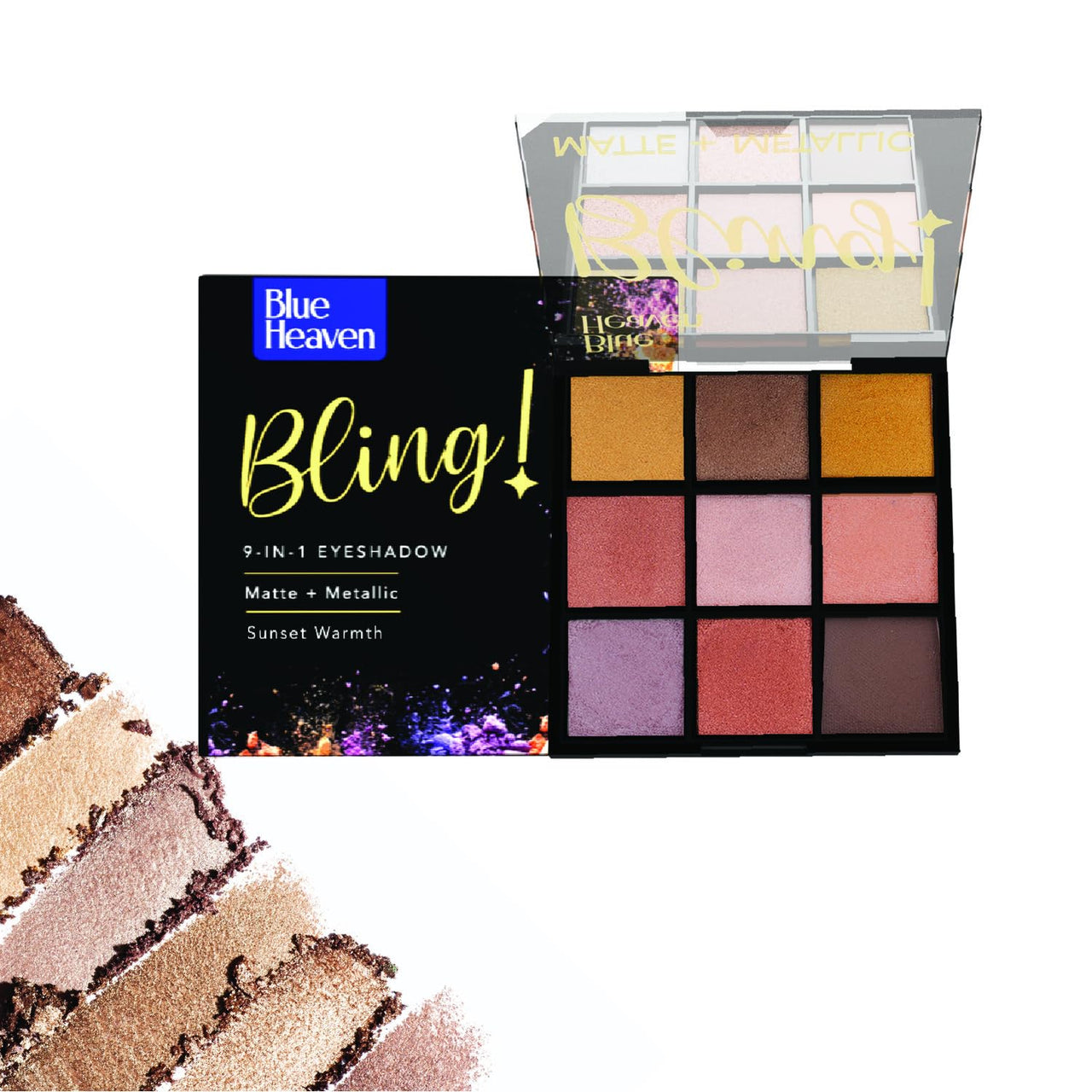 Blue Heaven Bling 9 in 1 Eyeshadow Palette | Highly Pigmented and Easily Blendable Eye Makeup | Matte & Metallic Shades | Long Lasting and Lightweight | Sunset Warmth, 9g