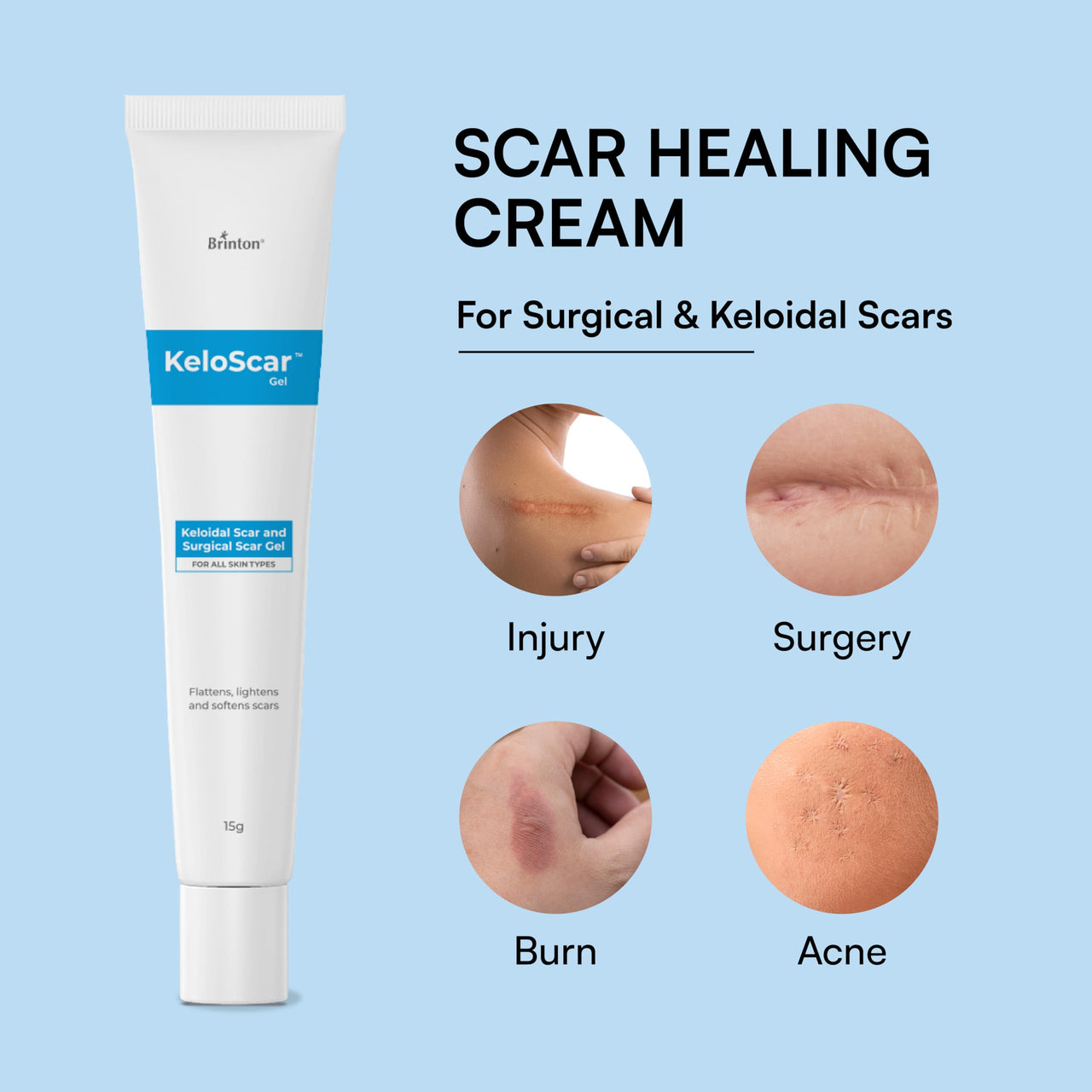 Brinton Keloscar Gel, Surgical Scar Gel for All Skin Types, Lightens & Softens Scars, Dermatologically Tested, Protects, Retains Moisture, Stimulates Skin Regeneration, 15 g
