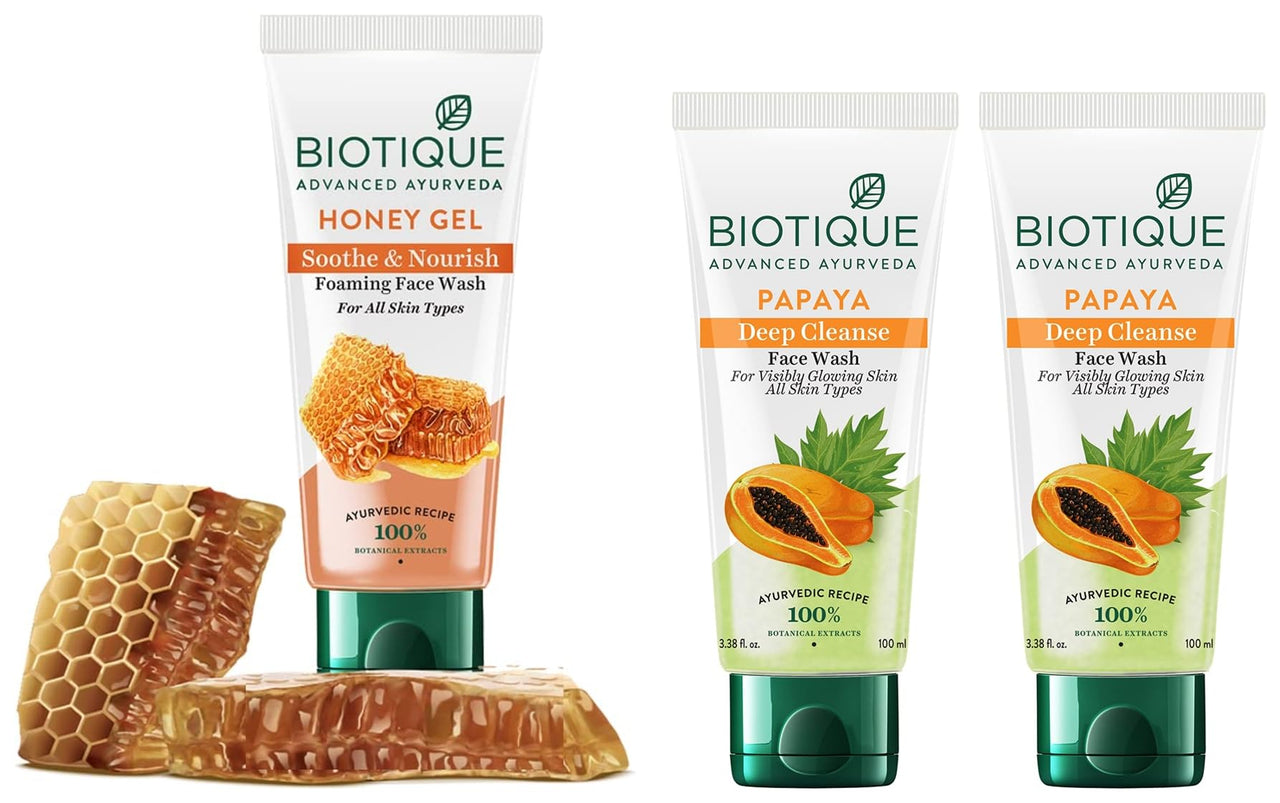Biotique Bio Papaya Visibly Ageless Face Wash, Pack of 2, 200 ml (2 x 100 ml) and Biotique Bio Honey Gel Refreshing Foaming Face Wash for All Skin Types, 100ml