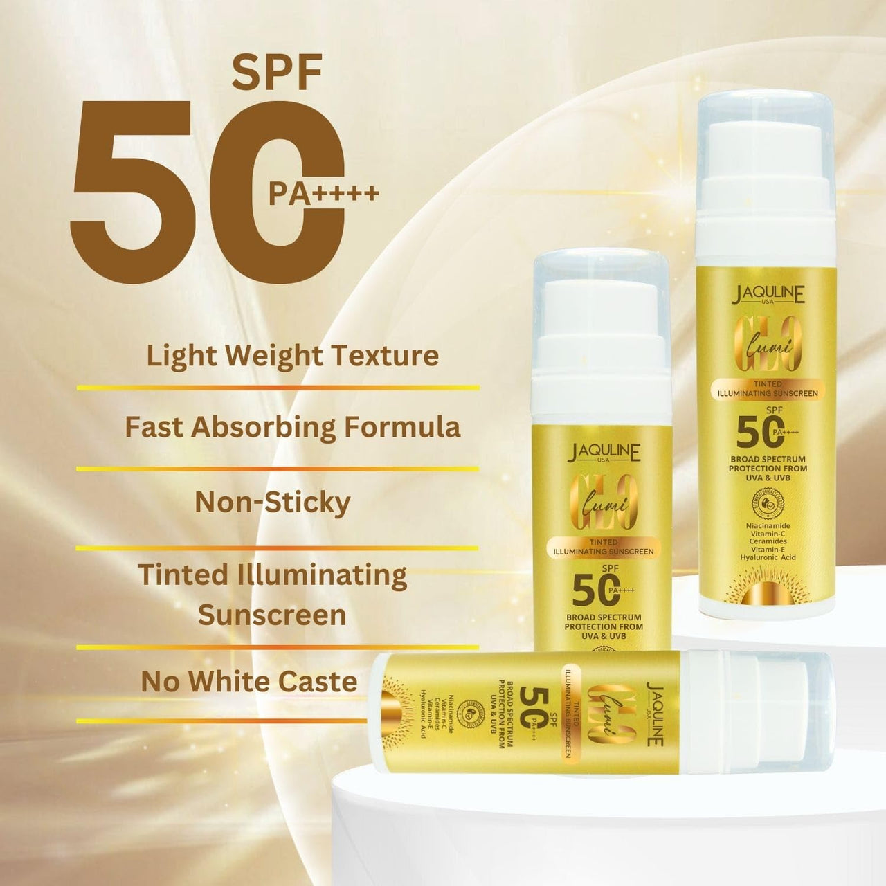 Jaquline USA Lumi Glo Tinted Illuminating Sunscreen SPF-50 & PA++++ | Dermatologically Tested | Benzophenone Free | 30ml