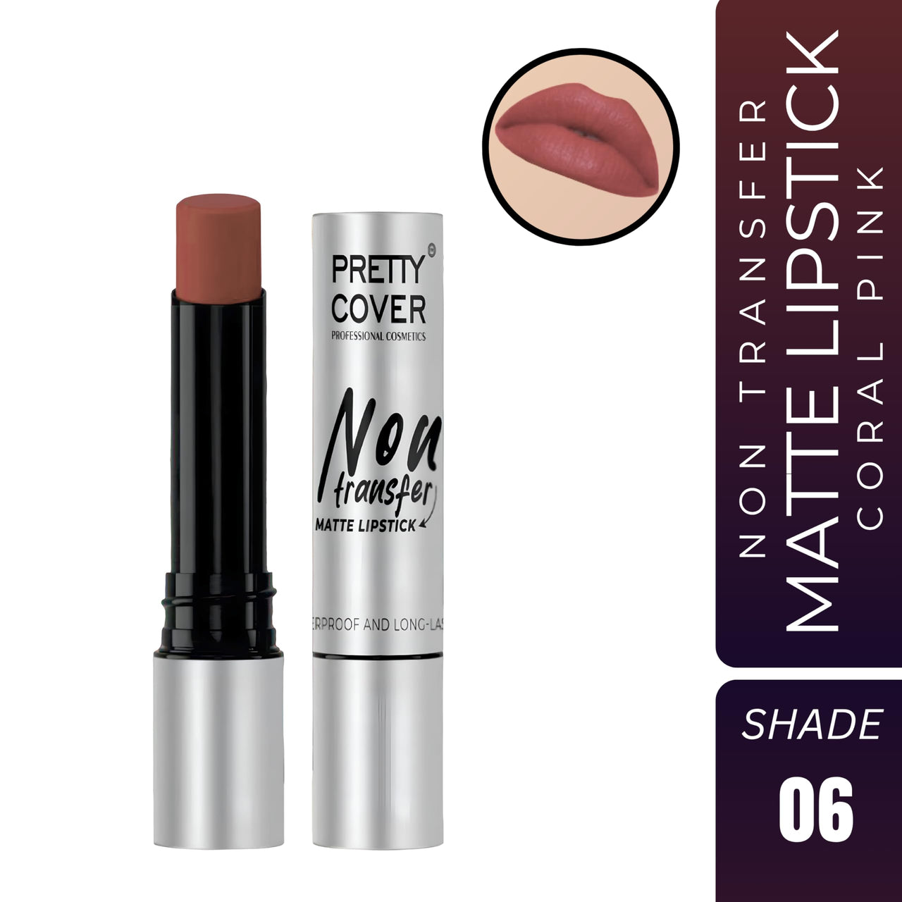 PRETTY COVER Non-Transfer Matte Lipstick | Long-Lasting, Smudge-Proof & Waterproof | Intense Color Payoff with Lightweight Formula for All-Day Wear (CORAL PINK)