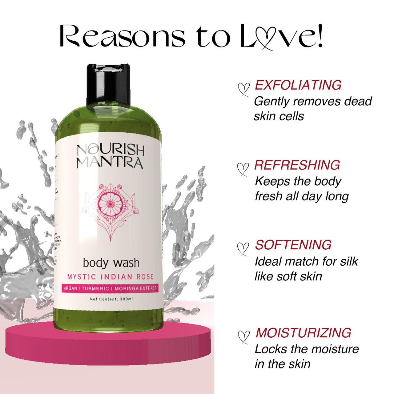 Nourish Mantra Mystic Indian Rose Exfoliating Body Wash | For Radiant Skin & Gentle Exfoliation | Infused With Argan Oil & Moringa Extracts | Suits All Skin Types | Perfect For Men & Women | 300ml