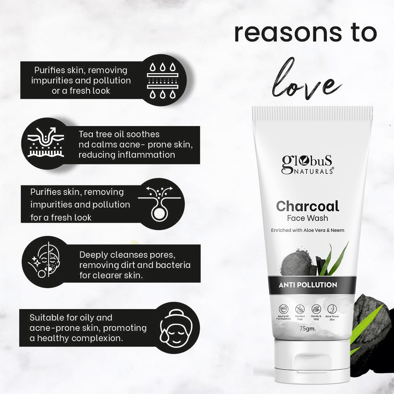 Globus Naturals Anti Pollution Charcoal Face Wash, Enriched with Tea Tree Oil, For Oily & Acne Prone Skin, 75 gm (Pack of 2)