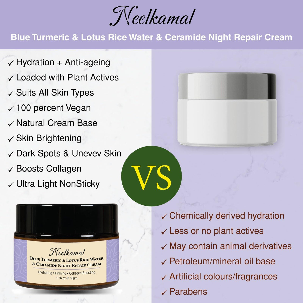 Herbs & Greens Blue Turmeric & Lotus Rice Water Ceramide Night Repair Moisturizer Cream | Hydrating, Firming, Collagan Boosting | Skin Barrier Face Cream For Woman & Men | All Skin Types | 50gm