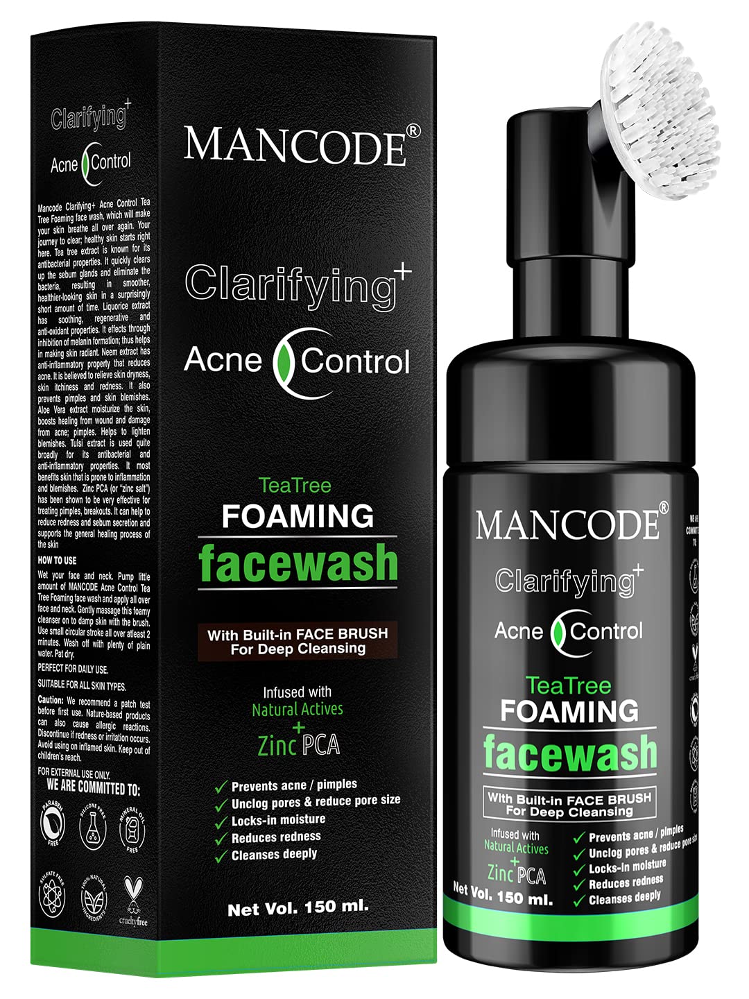 Mancode Acne Control Tea Tree Foaming Facial Wash | with Built in Brush Face Wash For Men Deep Cleansing Face | For Oily & Dry Skin | Anti Acne | Gentle Clear Skin | No Paraben Sulphate Silicone 150ml