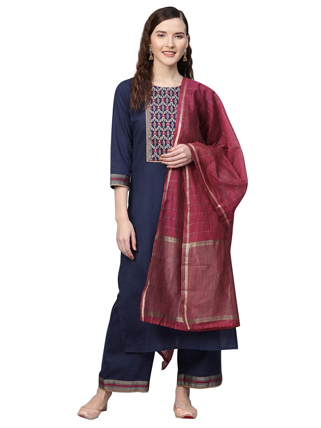 INDO ERA Women's  Pure Cotton Solid Straight Kurta Palazzo with Dupatta Set(Navy Blue_IE00KD4NB1771_XS to 2XL-Size)