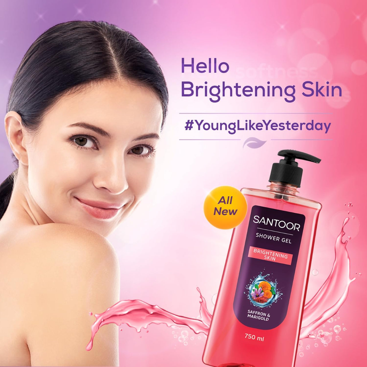 Santoor Brightening Shower Gel 750ml With Natural Saffron & Marigold Extracts| For Men & Women| For Glowing Skin| Suitable For All Skin Types| No Parabens| No Silicones