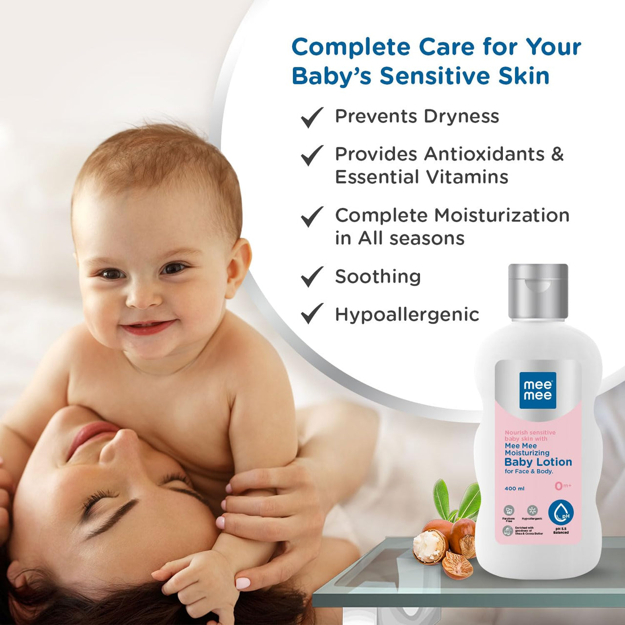 Mee Mee Moisturizing Baby Lotion for Face & Body, Shea, Cocoa Butter & Almond Oil, 24 Hrs Moisturization (400ML)