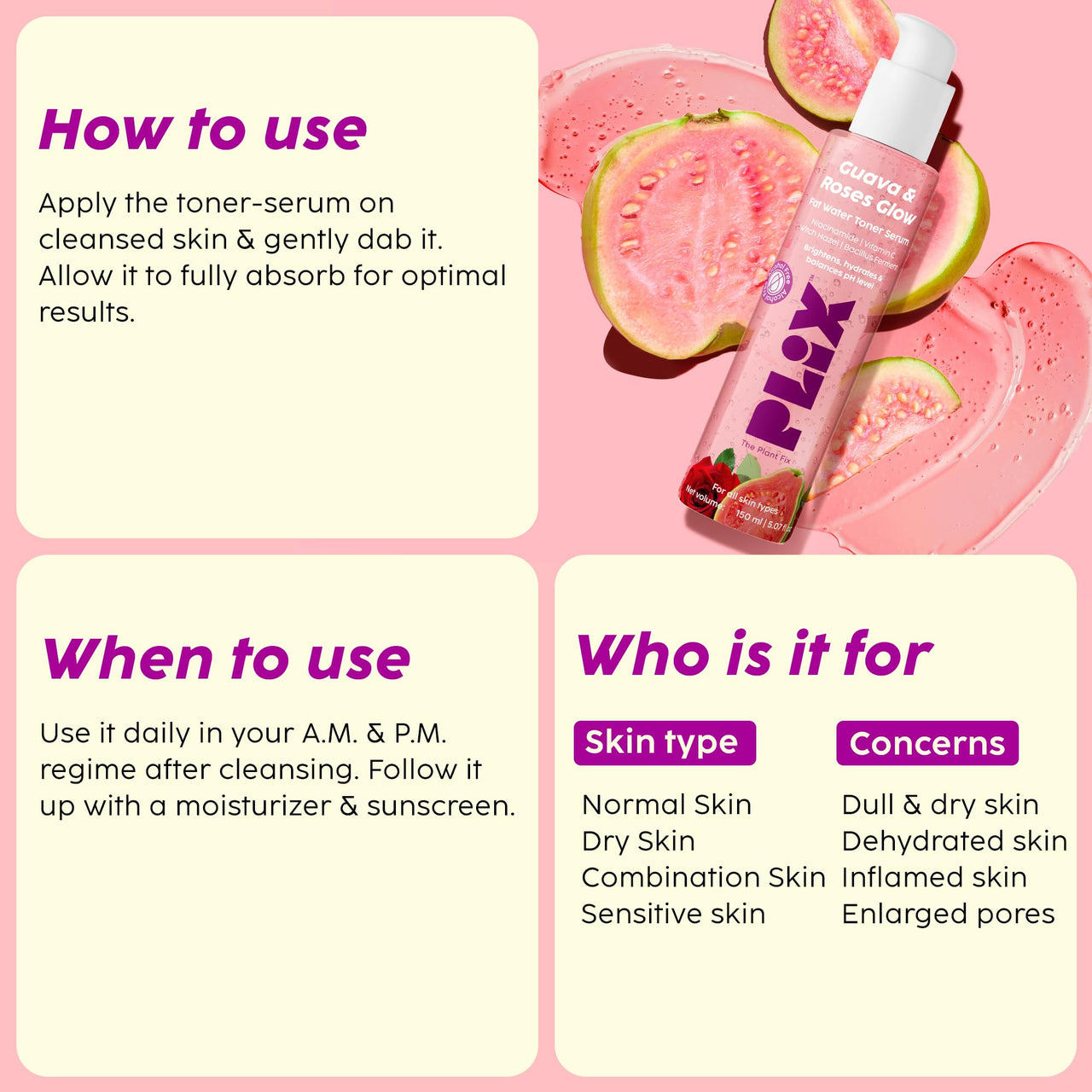 PLIX - THE PLANT FIX Guava & Roses Glow Fat Water Toner Serum | 2-in-1 Toner serum | Fades Blemishes, Tightens & Cleanses Pores | Soothes Redness & Irritated Skin | 150ml
