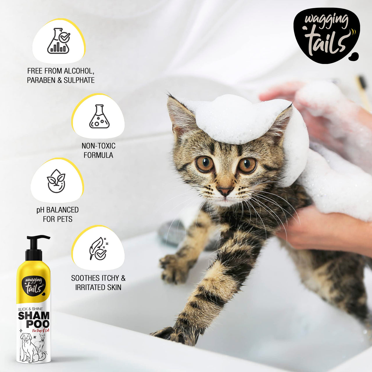 Wagging Tails Slick & Shine 5-In-1 Pet Shampoo-200 Milliliter Deodorize & Moisturise The Skin|Remove Dirt Help To Repair Damaged Hair Anti-Itching & Anti-Dandruff Deep Cleanser All Breed Dog & Cat