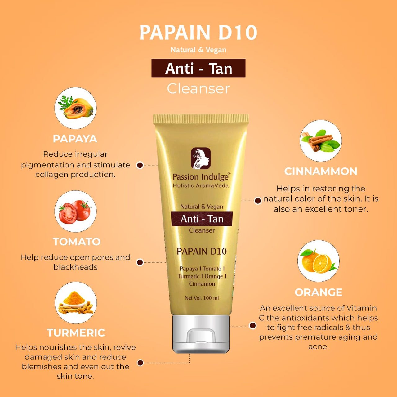 Passion Indulge Natural Papain D10 Cleanser 100ml & Papain D10 Face Scrub 200gm Combo Pack For Reduces Tan
