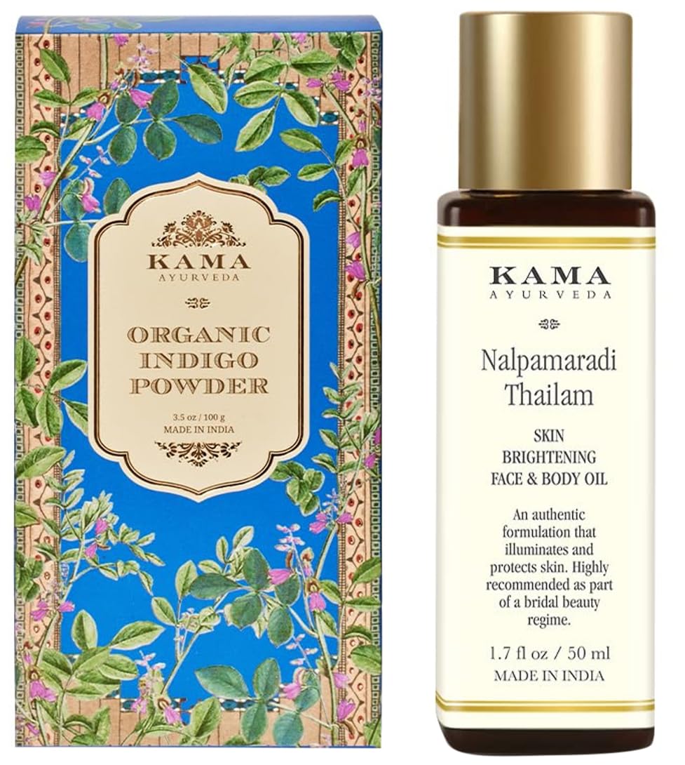 Kama Ayurveda Organic Indigo Powder, 100g & Nalpamaradi Thailam Skin Brightening Treatment- 50 ml