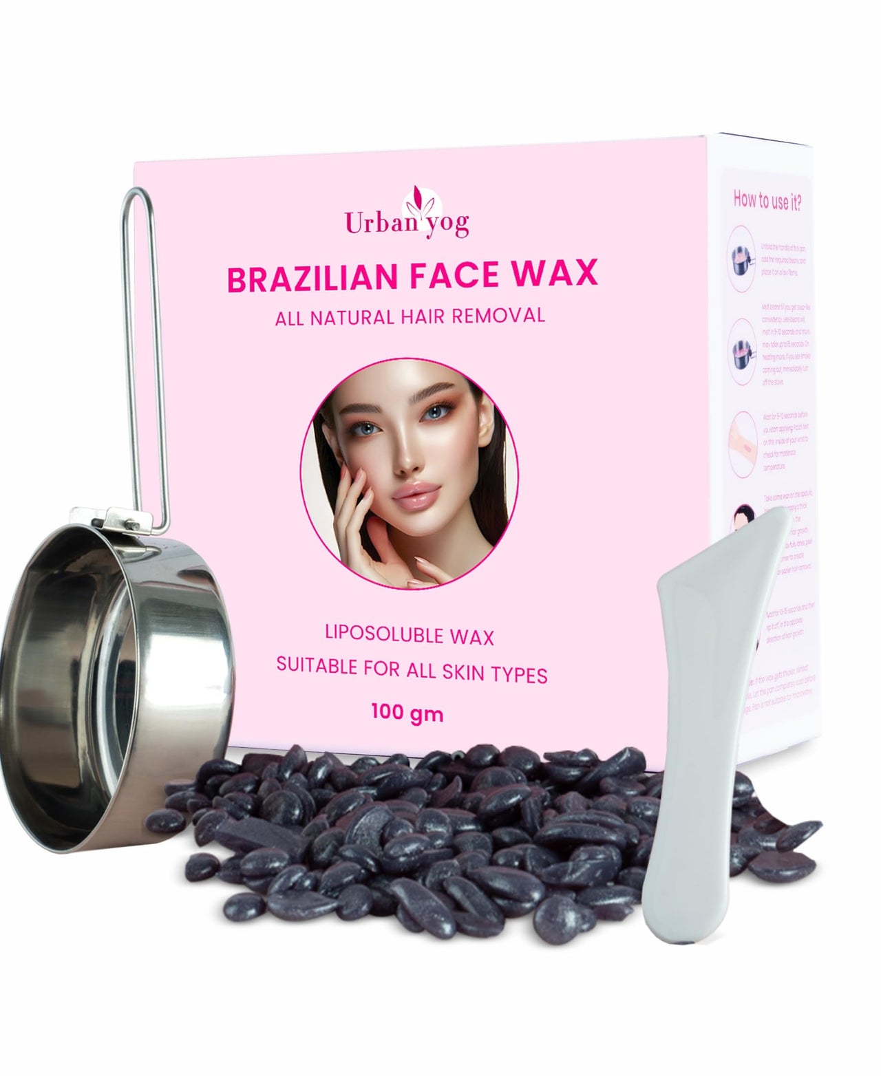 Urban Yog Brazilian Beans Wax, Face Wax/Katori Wax for Women (100g) | India’s 1st Liposoluble Stripless Wax | Pan with Handle & Spatula | Natural Ingredients | For Upper Lips, Chin, Cheeks & Hairline