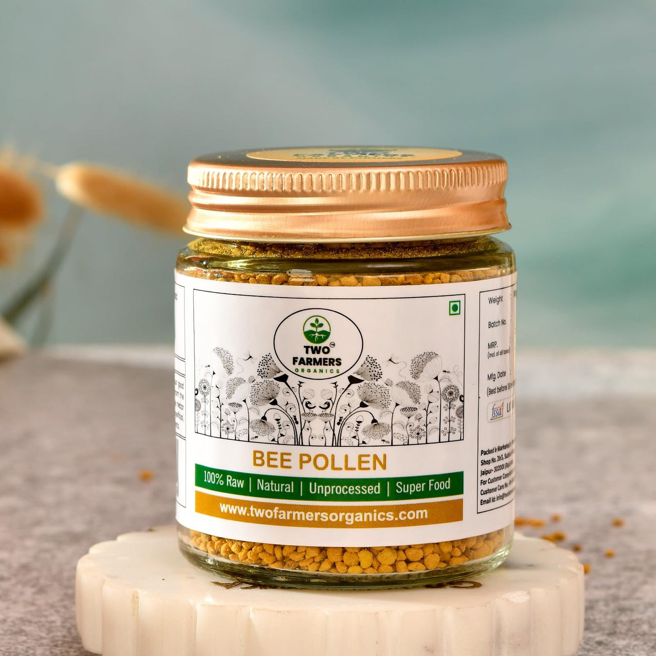 Two Farmers Organics Bee Pollen 100% Raw & Unprocessed – Natural Plant-Based Protein – 100g (Glass Jar)