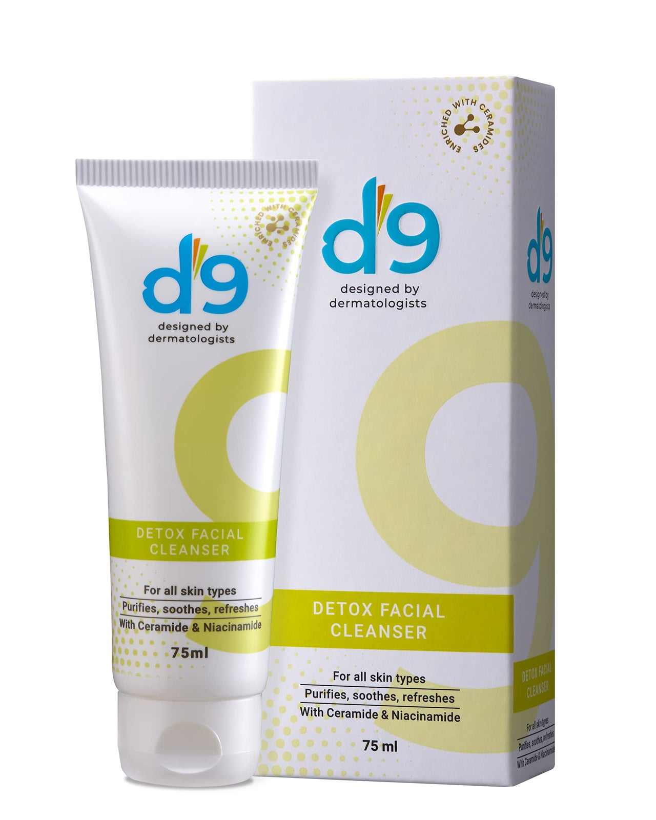 D9 Detox Facial Cleanser Face wash | All Skin Types | Purifies/Soothes/Refreshes With Ceramide & Niacinamide | Designed by Dermatologists | Men & Women | 75ml