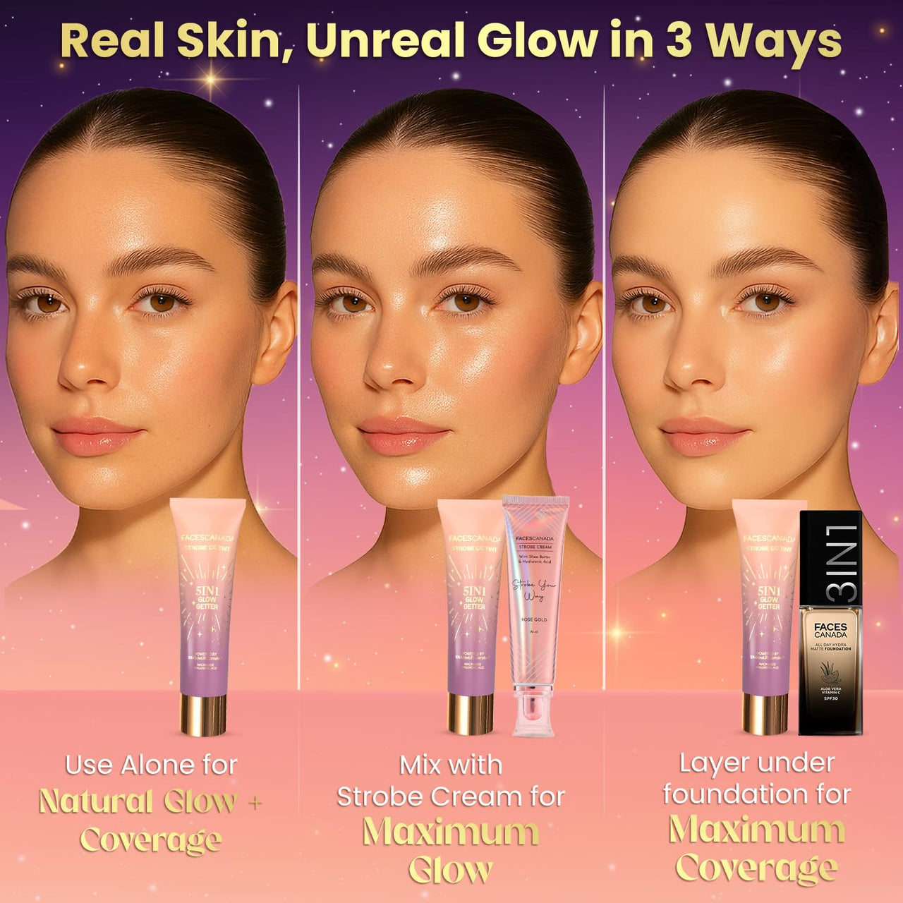 FACES CANADA Strobe CC Tint - Sunset Glaze 02, 27ml | 5-in-1 Serum + Moisturizer + Primer + BB/CC Cream + Strobe Cream | Lightweight | Radiant Dewy Glass Skin Glow | Niacinamide & Hyaluronic Acid | For Light to Medium Skin