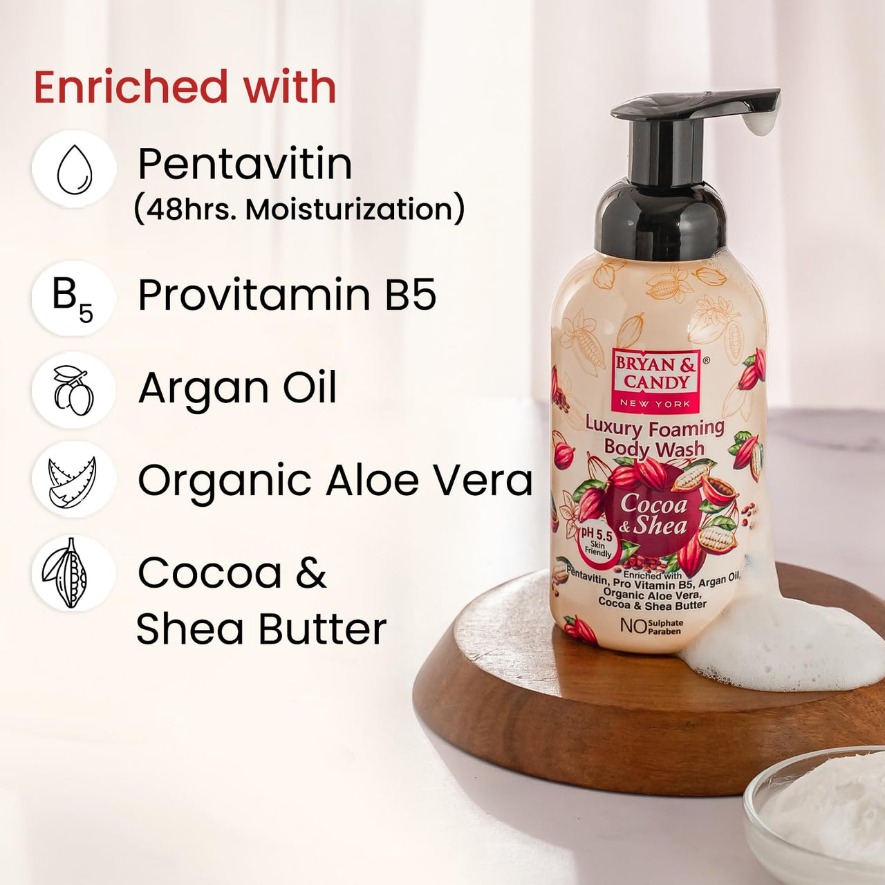 Bryan & Candy Luxury Foaming Body Wash with Pentavitin, Pro Vit B5, Argan Oil, Skin Friendly pH 5.5, All Skin Types, 400 Ml (Cocoa Shea)