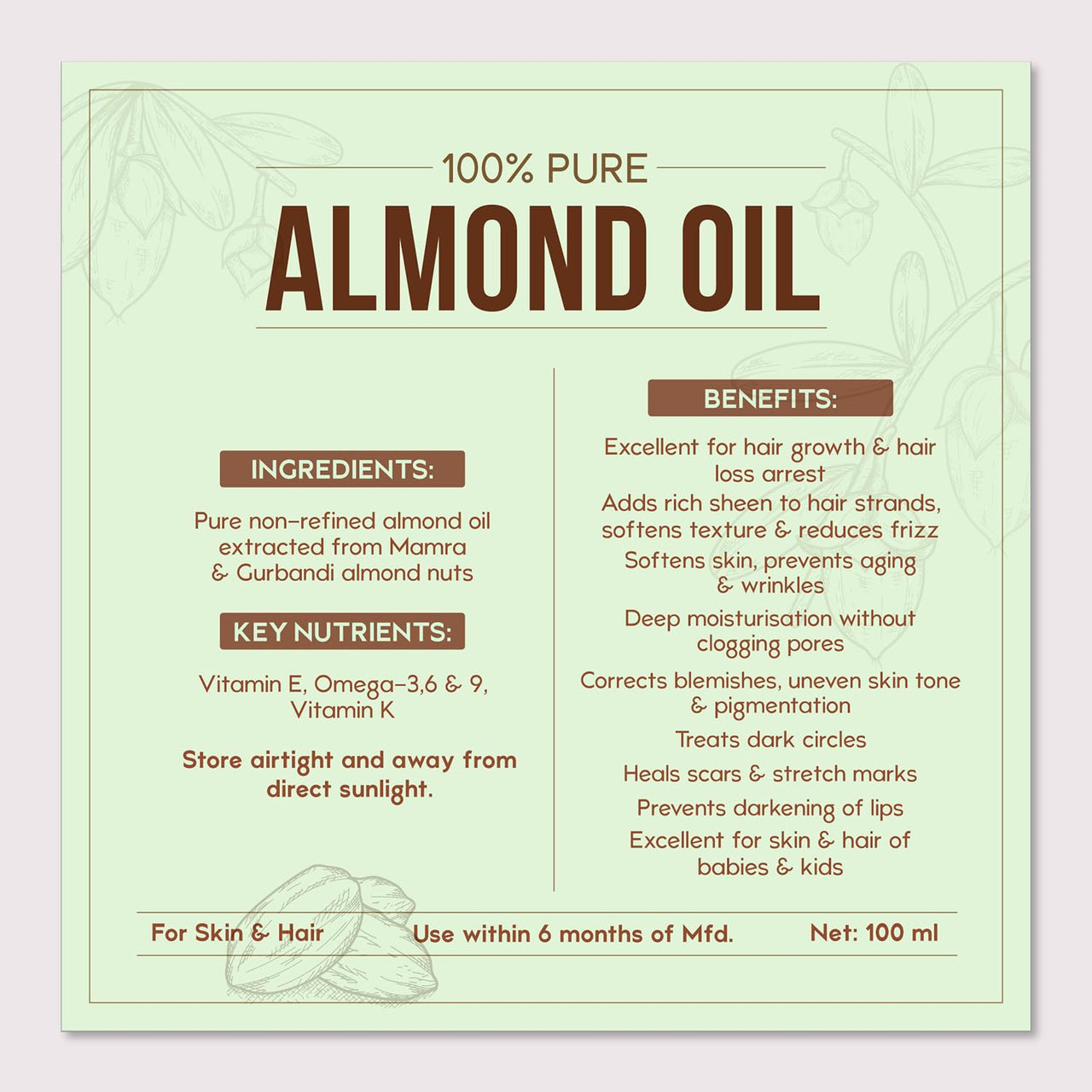 Nat Habit 100% Pure Almond Oil (Rogan Badam), For Skin & Hair, Non-Refined, Chemical Free & Preservative Free - 50 ml