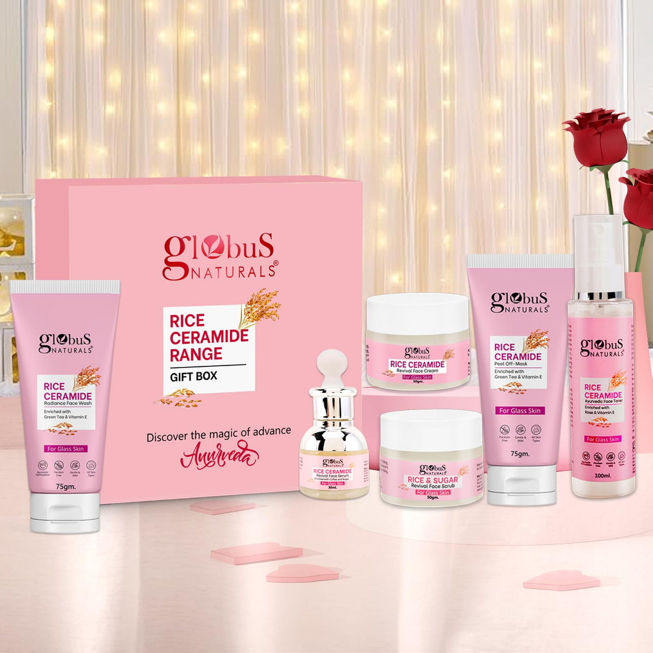 Globus Naturals Revival Rice Ceramide Skincare Gift Box, For Korean Glass Skin, Set of 6 Face Wash 75gm, Cream 50gm, Scrub 50gm, Peel off Mask 75gm, Serum 30ml, Toner 100ml (380gm, RiceGB2PG)