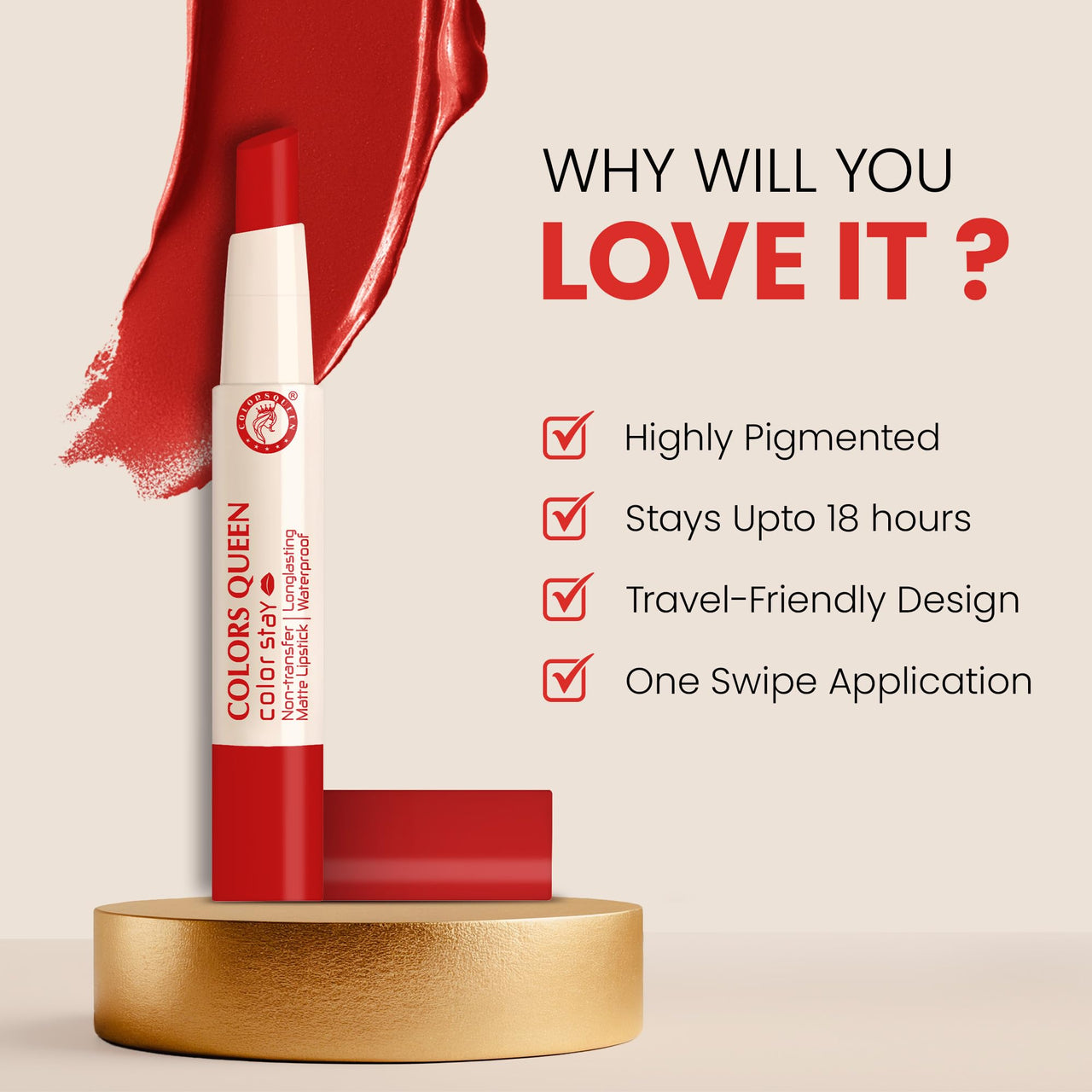 Colors Queen Color Stay Matte Lipstick | Highly Pigmented Ultra Matte Long Lasting Lipstick | One Stroke Application, Hydrating & Weightless Formula | Non Transfer Lipstick for Women (Bridal Maroon, 2.1g)