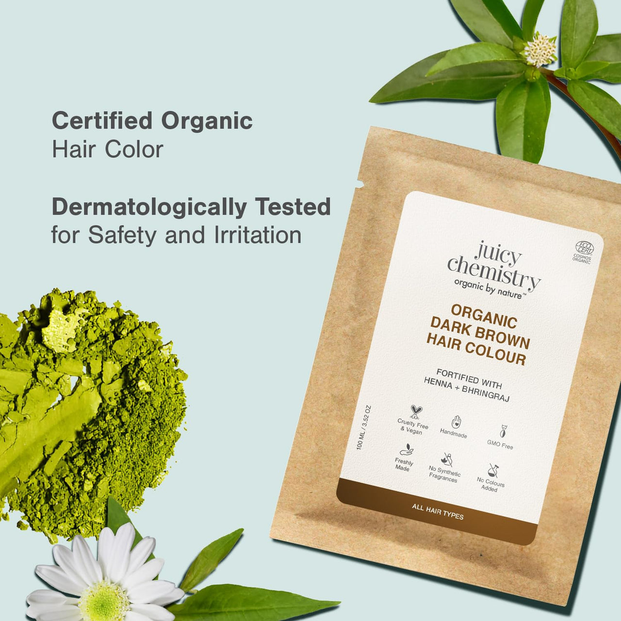 Juicy Chemistry 100% Organic Hair Colour - Americano(Dark Brown) 200 gms, Chemical-Free, Long-Lasting Grey Coverage | All Natural Semi Permanent Hair Colour, Safe for Sensitive Scalp