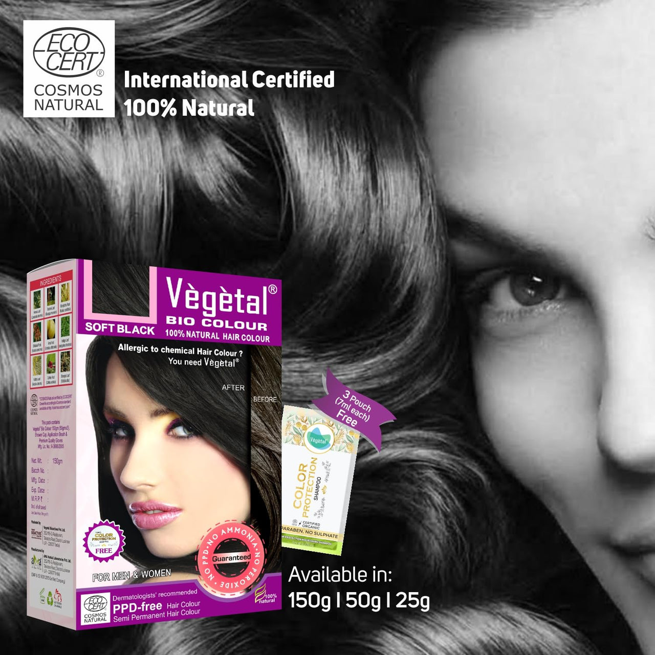 Vegetal Bio Hair Colour Soft Black | 150g | Achieve Natural, Ammonia-Free Hair Color | PPD-Free, 100% Herbal Certified Organic for Men and Women | UV Protection and Luster Maintenance | Complete Kit