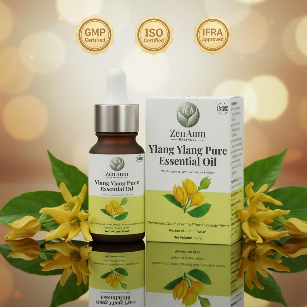 Zenaum Essences 100% Natural Ylang Ylang Therapeutic Grade Essential Oil | 15ml | Stress Relief, Skin & Hair Care, Aromatherapy | Sourced from Yunnan | GMP, ISO & IFRA Certified