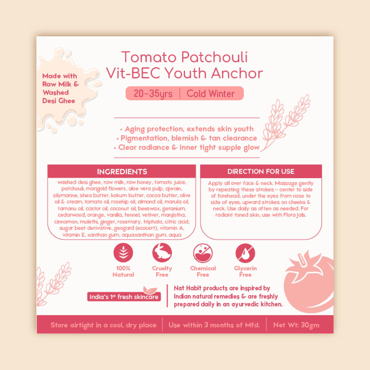 Nat Habit - Back To Natural Secrets Everyday Fresh Whipped Tomato Patchouli Vit-B E C Youth Anchor All Day Face Malai Cream For Cold Winter Weather,Whipped With Raw Milk&Washed Ghee (20-35 Y) 30G