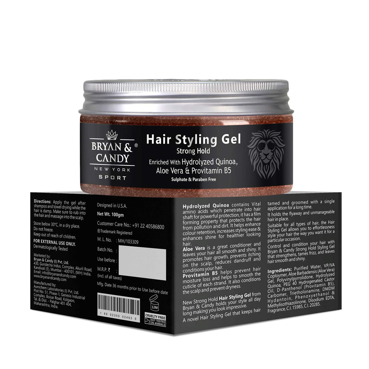 Bryan & Candy NewYork Lion Series Hair Styling Gel For Strong Hold - 100 gm, Enriched with Hydrolyzed Quinoa, Aloe Vera & Pro Vitamin B5