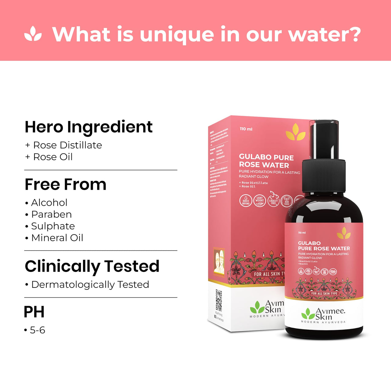 Avimee Herbal Gulabo Premium Rose Water | Skin, Face and Hair Toner | For All Skin Types | 110 ml