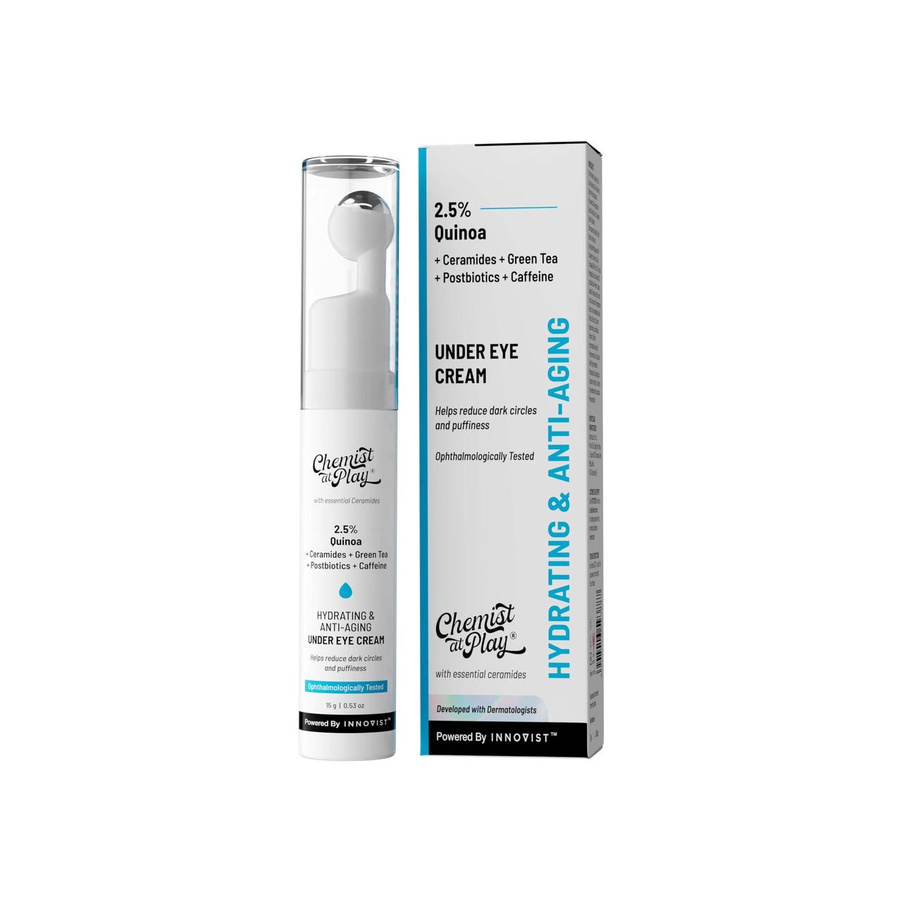 Chemist At Play Under Eye Cream with 2% Revital Eye & Quinoa Extract | For Reducing Dark Circles, Puffiness, Wrinkles, Crows Feet | Lightweight, Hydrating | Plant-Based Ceramides | 100% Vegan | Cooling Gel & Roller for Men & Women | 15 g