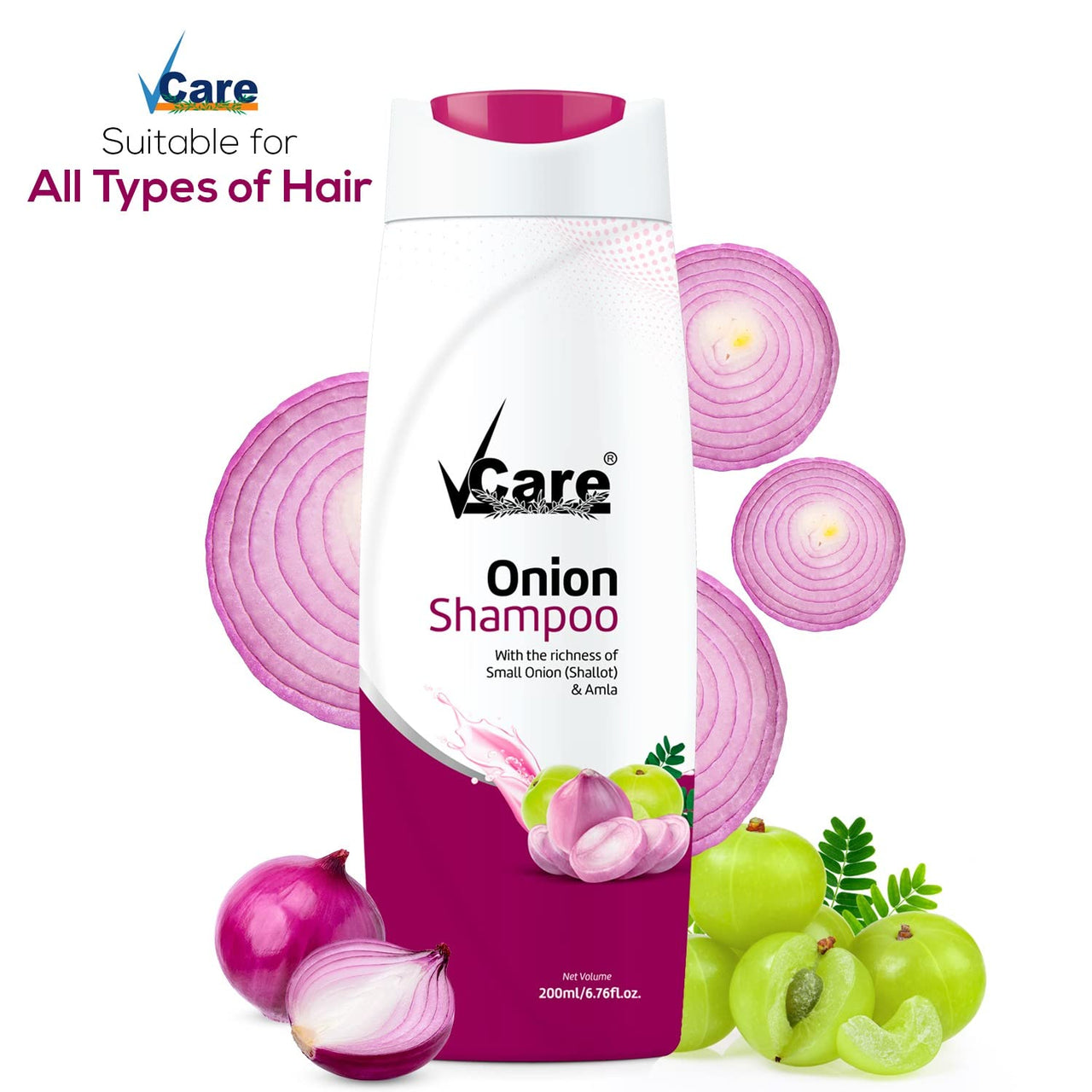 VCare Small Onion Shampoo for Hair Growth 200ml and Hair Fall Control - With Shallot Onion and Amla Suitable for Both Men & Women (Pack Of 4)
