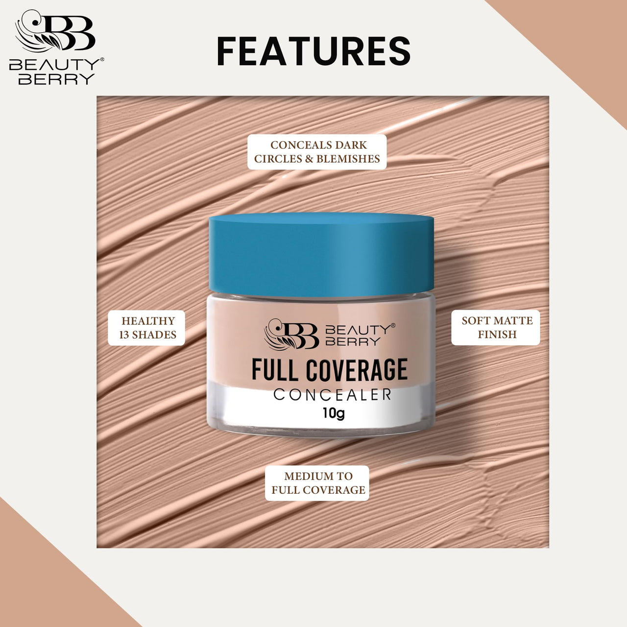 Beauty Berry Full Coverage Concealer - Medium Beige, 10g | Easy to Blend, Ultra Lightweight & Long Lasting Concealer | Creamy Texture, Highly Pigmented, Waterproof Concealer for Face Makeup