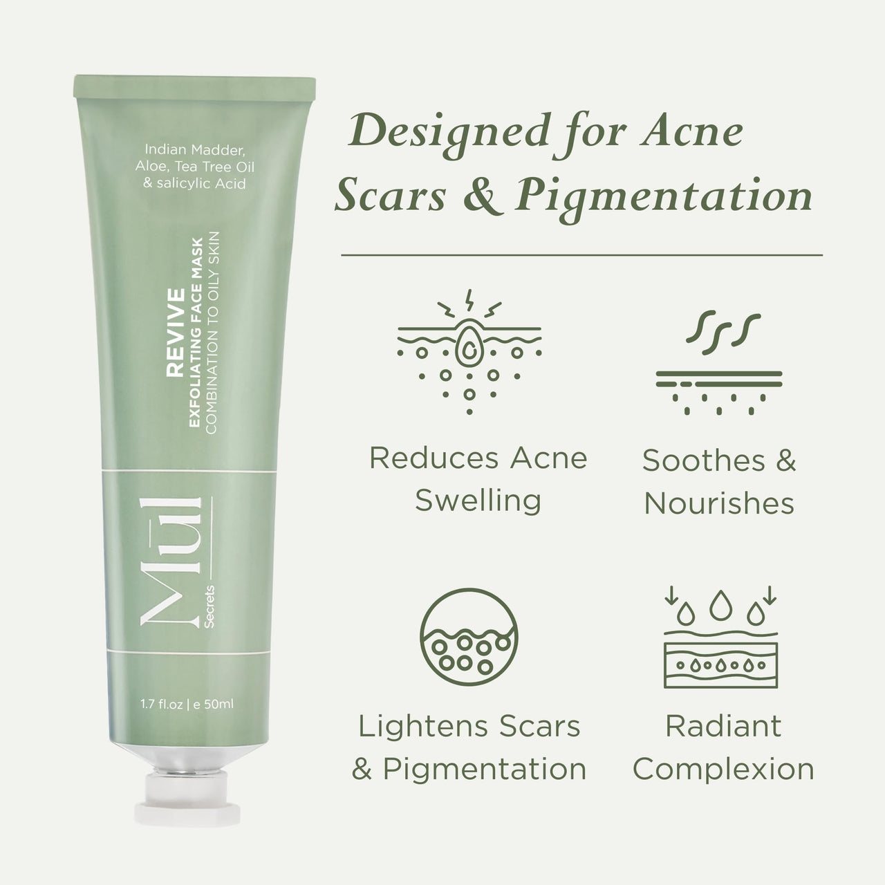 Mul Secrets 50 ml Revive Acne Facemask & Scrub - Acne Reduction, Scar & Dark Spot Lightening, Sebum & Oil Control - 2% Salicylic Acid, Manjistha & Aloe Vera - 15+ Uses