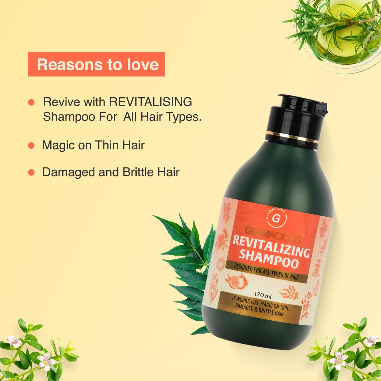 Glamacious Revitalising Shampoo (170ml) | With Bhringraj Extract | Enriched with Brahmi, Neem & Rosemary | Hair Growth & Hair Fall Control | Hair Strengthening & Nourishing | For all hair Types