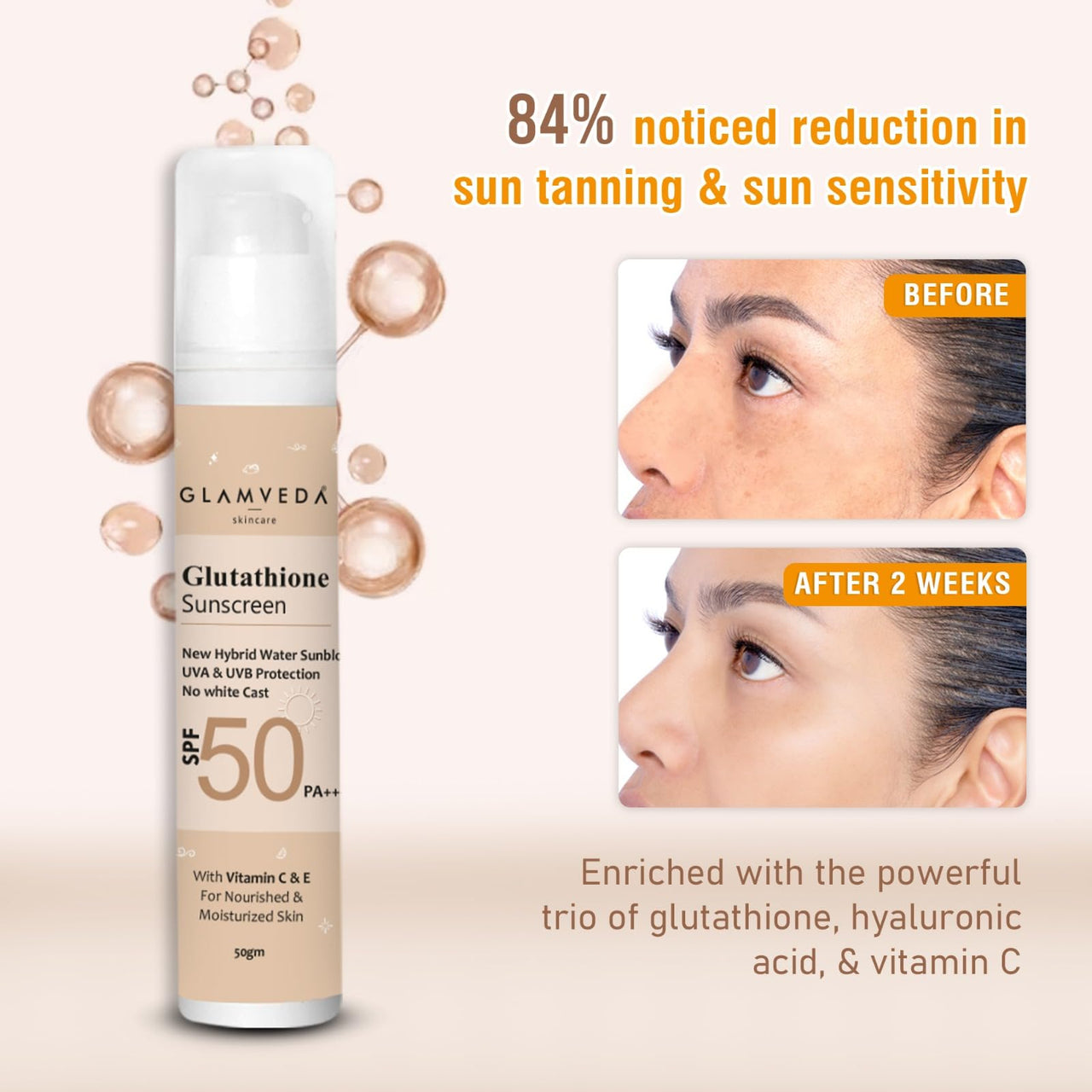 Glamveda Glutathione & Vitamin C Sunscreen SPF 50 Pa+++| Broad-spectrum Sunscreen with Advanced Blue Light Filter | UVA/UVB Protection | No White Cast, Water resistant & Non Sticky | 50gm