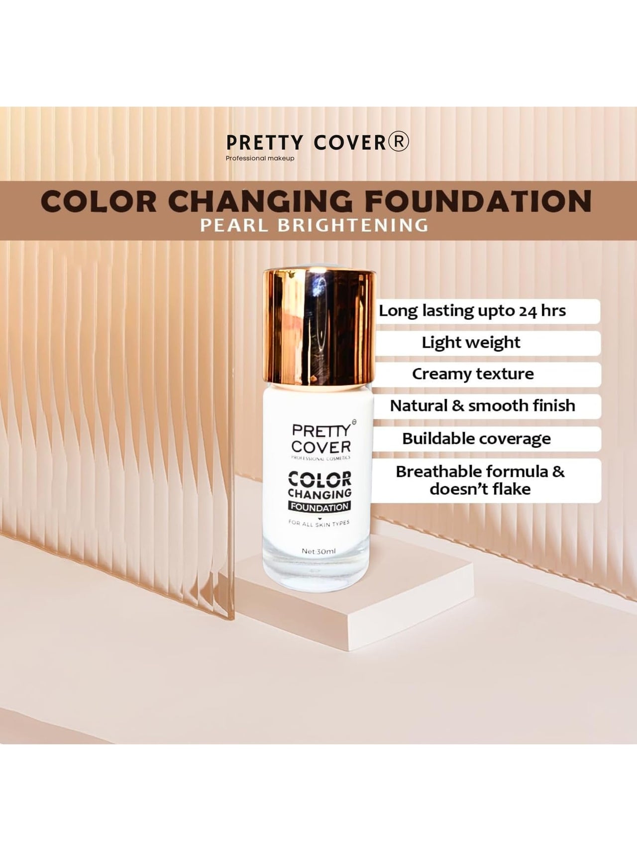 PRETTY COVER Colour Changing Foundation – Adaptive Formula for Perfect Skin Tone Match & Natural Finish