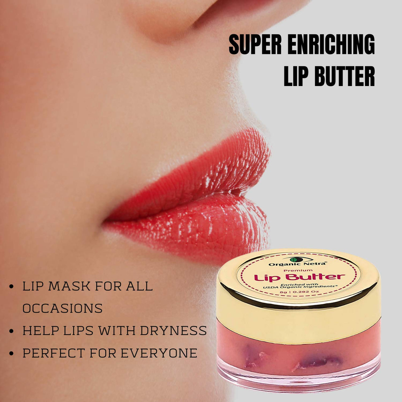 Organic Netra Premium Lip Butter | Moistures Lips | Lips Mask for All Occasions | Perfect for Everyone | Enriched with Organic and Natural Ingredients -8g