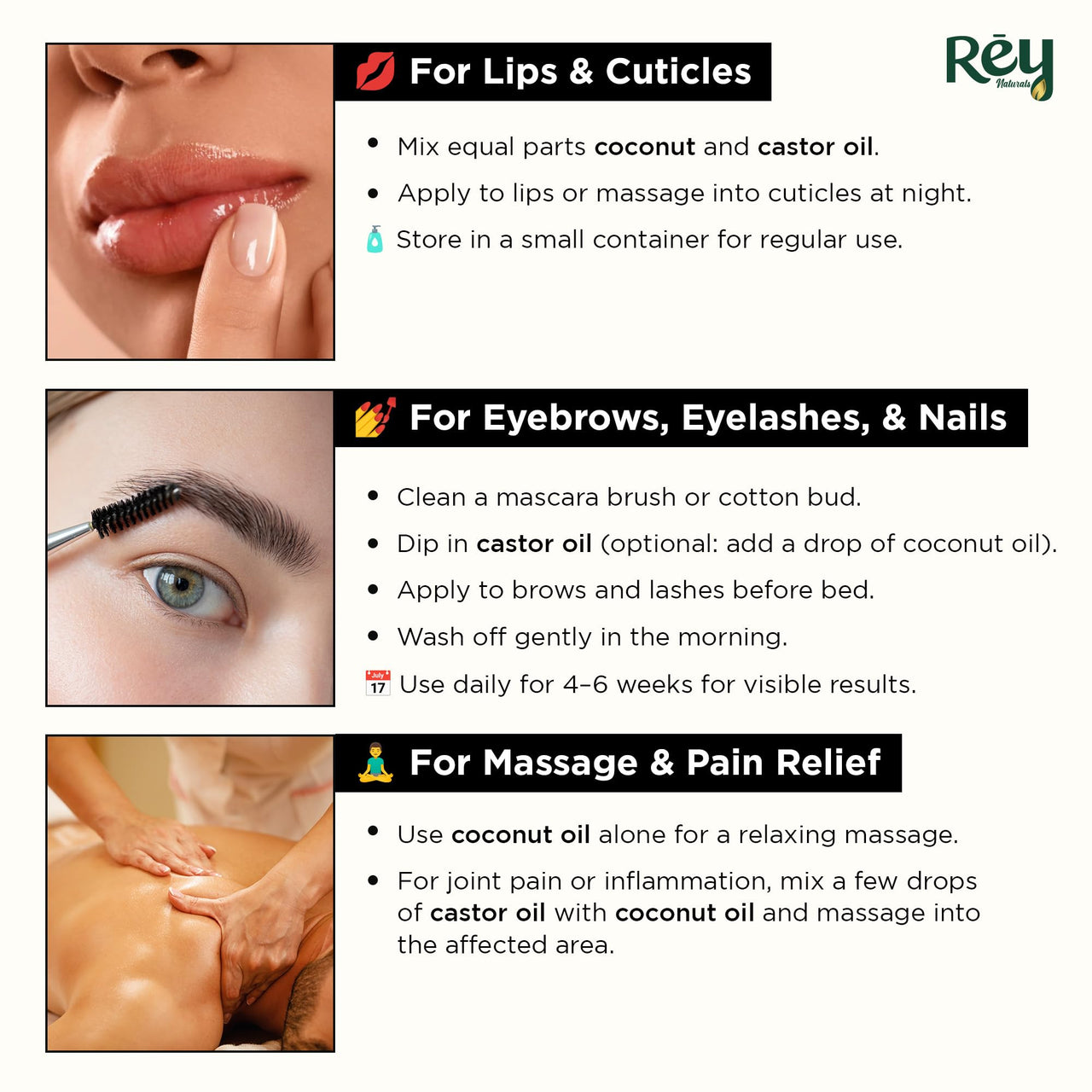 Rey Naturals Cold Pressed Castor Oil & Virgin Coconut Oil For Hair Growth - 200ml×2 | Coconut Oil For Skin Care | Castor Oil For Skin, Eyelashes & Eyebrows | Non Comedogenic Hair Oil For Hair Growth