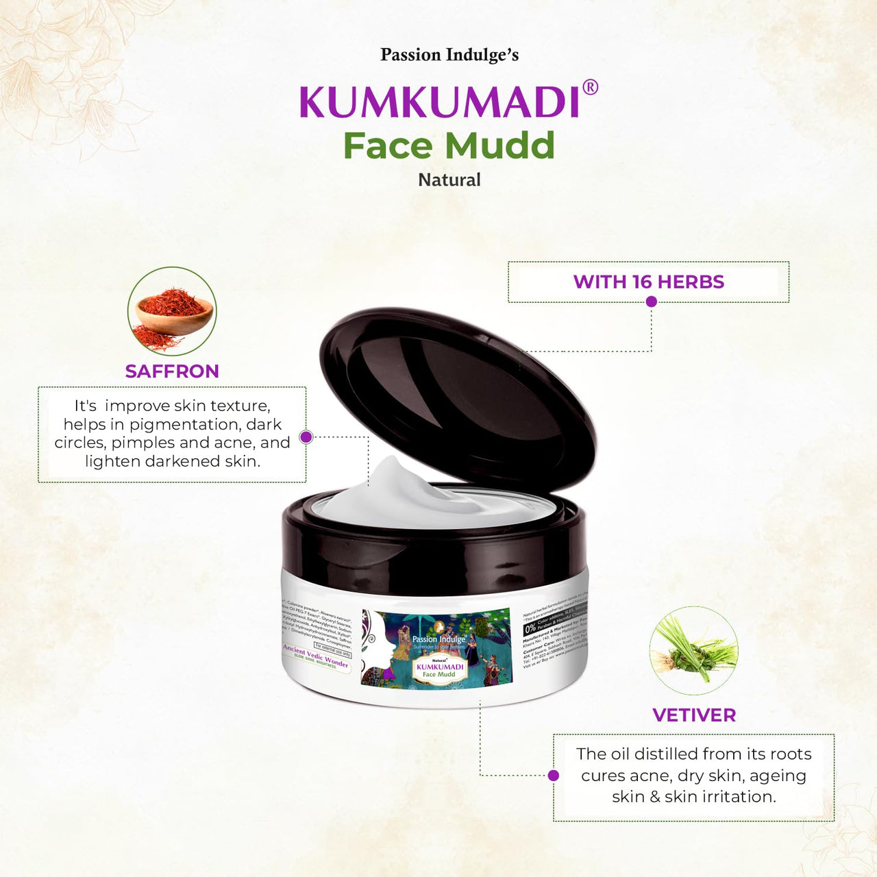 Passion Indulge Kumkumadi Natural Handmade Bath Bar & Kumkumadi Natural Face Mudd Pack (250 gm) For Skin Glow, Shine & Brightness with Saffron, Vetiver Oil and 16 Herbs
