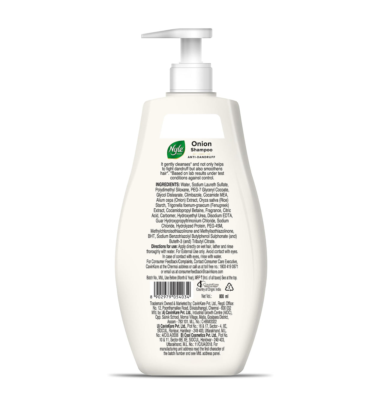 Nyle Naturals Onion Anti-Dandruff Shampoo, With Onion and Fenugreek, Gentle & Soft Shampoo, pH Balanced and Paraben Free, For Men and Women, 800ml