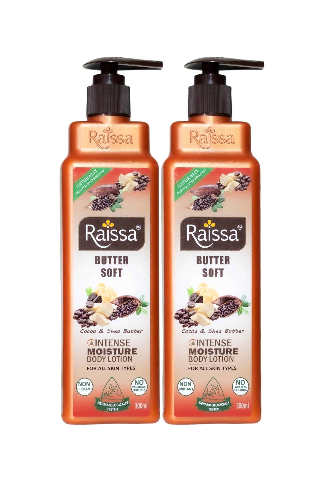 Raissa Butter Soft - Intense Moisture Body Lotion For Women & Men | 2 X 300 ml | Plant based 100% Natural & Organic Cocoa & Shea Butters | Non Greasy | Fast Absorbing | All Skin Types